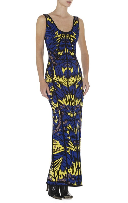 Herve Leger Blue And Yellow U Neck Art Jacquard Gown